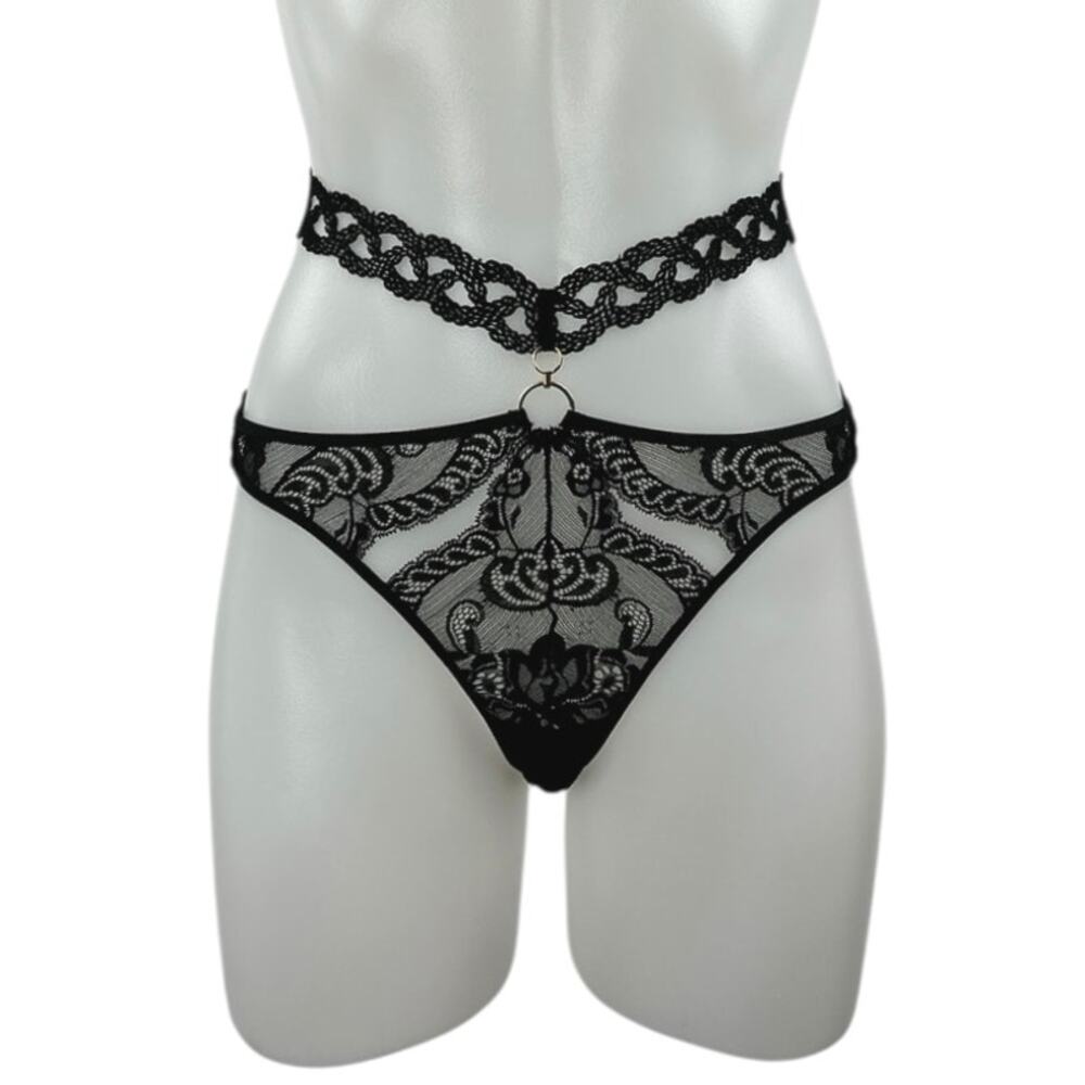 Aubade Womens Black Lace Strappy Crotchless Garter Belt Thong Underwear Panty S
